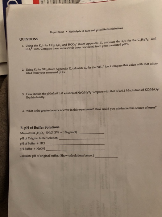 Solved Report Sheet Hydrolysis of Salts and pH of Buffer