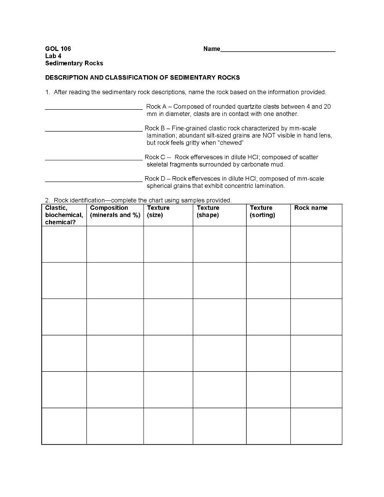 Solved Name Gol 106 Lab 4 Sedimentary Rocks Description And 