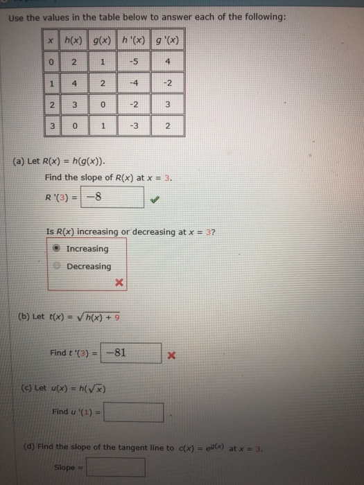 Solved Use the values in the table below to answer each of | Chegg.com