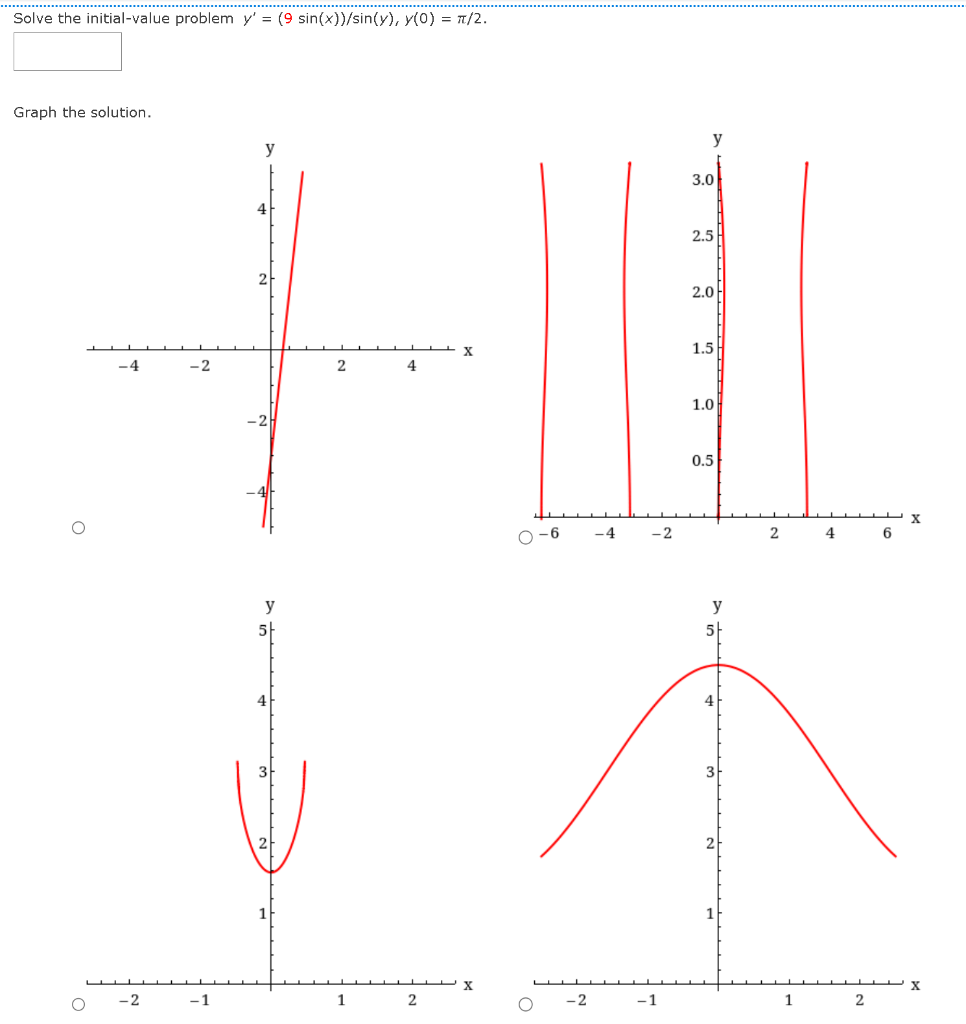 Solve the initial-value problem \( y^{\prime}=(9 \sin (x)) / \sin (y), y(0)=\pi / 2 \).