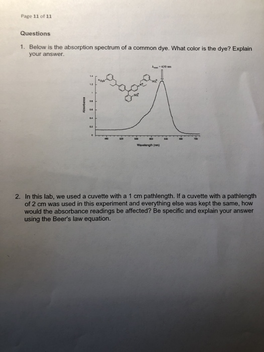 Solved Page 11 of 11 Questions 1. Below is the absorption | Chegg.com