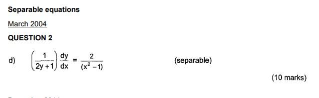 Solved Separable equations March 2004 QUESTION 2 d) | Chegg.com