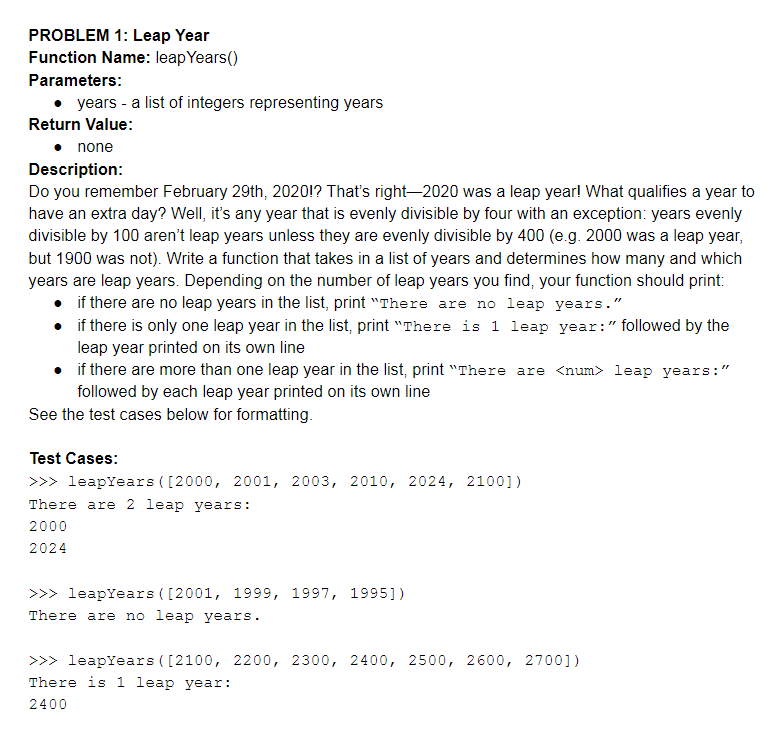 Solved PROBLEM 1: Leap Year Function Name: leap Years() | Chegg.com