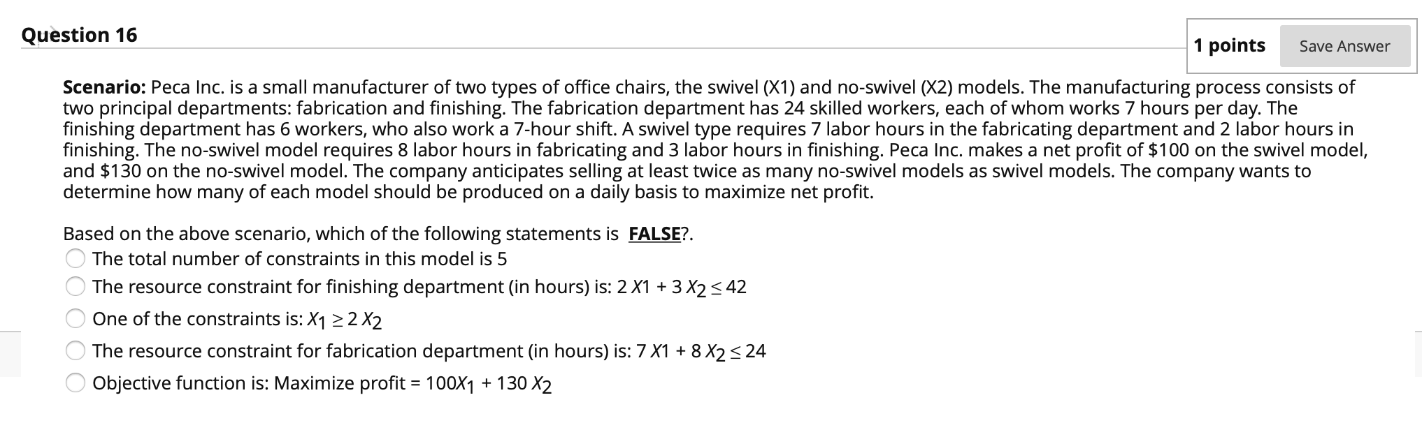 Solved Question 16 1 points Save Answer Scenario: Peca Inc. | Chegg.com