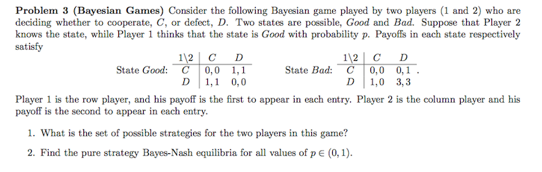 Solved Problem 3 (Bayesian Games) Consider the following | Chegg.com