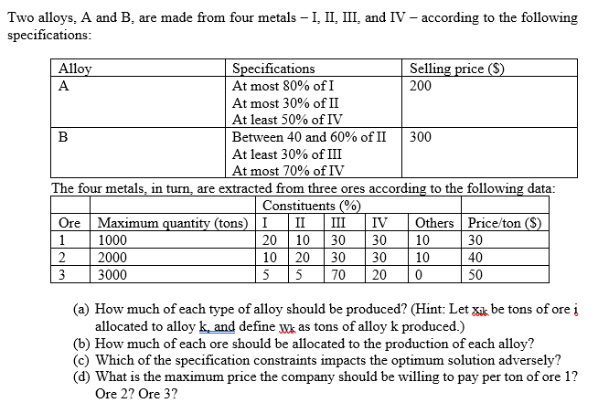 Solved Two Alloys, A And B. Are Made From Four Metals - I, | Chegg.com