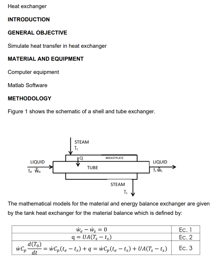 Solved Heat exchanger INTRODUCTION GENERAL OBJECTIVE