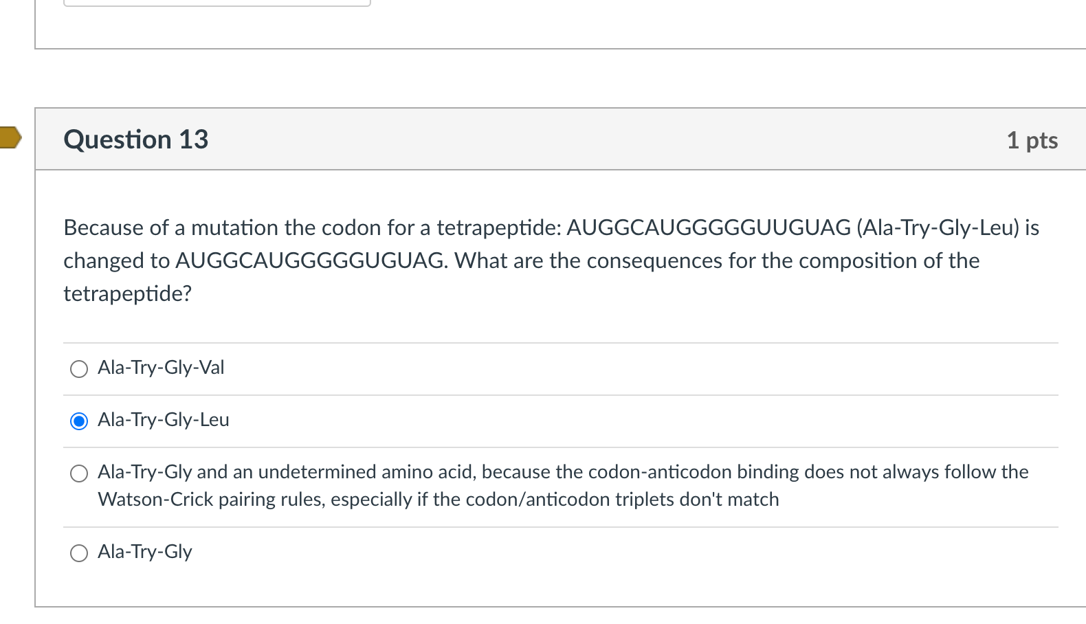 Solved Question 13 1 pts Because of a mutation the codon for | Chegg.com
