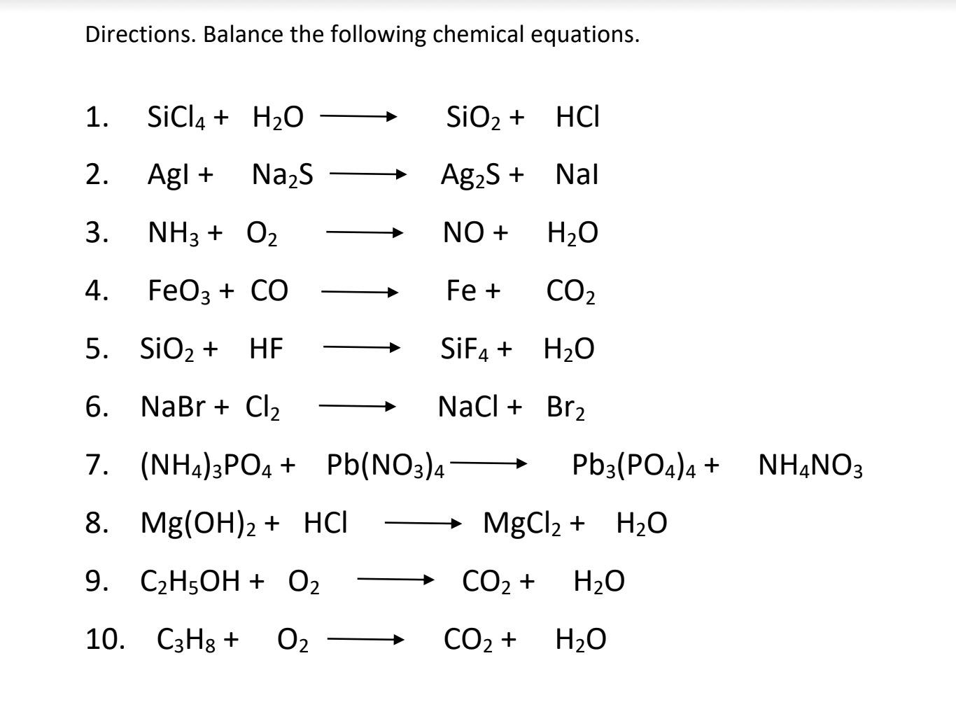 Solved Directions. Balance the following chemical equations