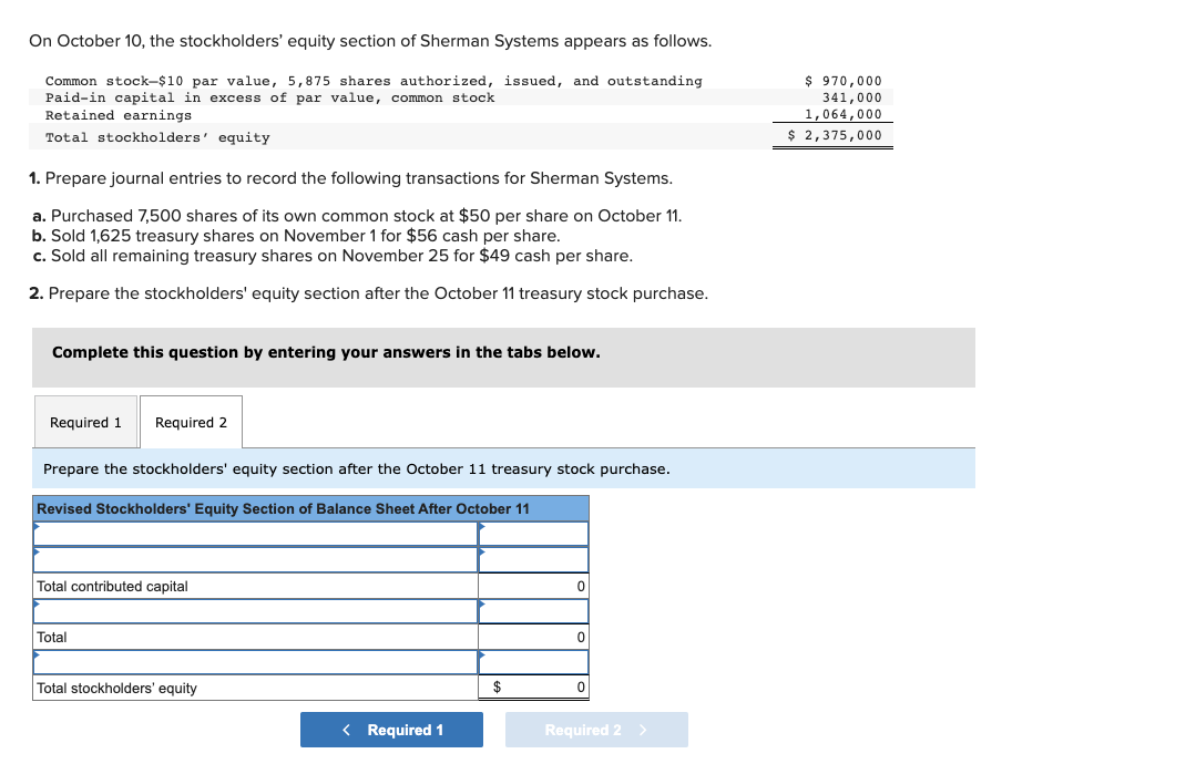 Solved On October 10, The Stockholders' Equity Section Of | Chegg.com