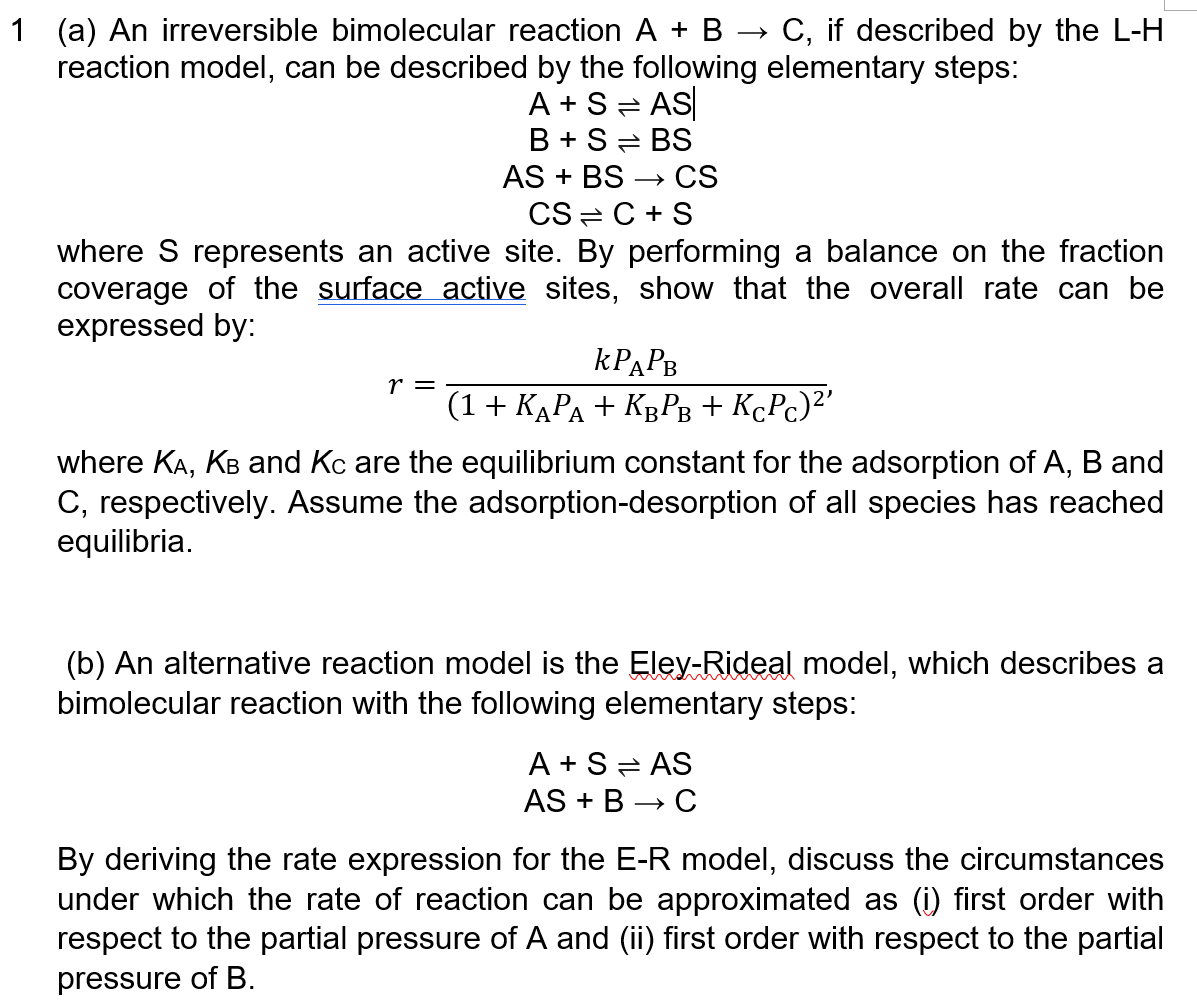 Solved F 1 (a) An Irreversible Bimolecular Reaction A + B → | Chegg.com