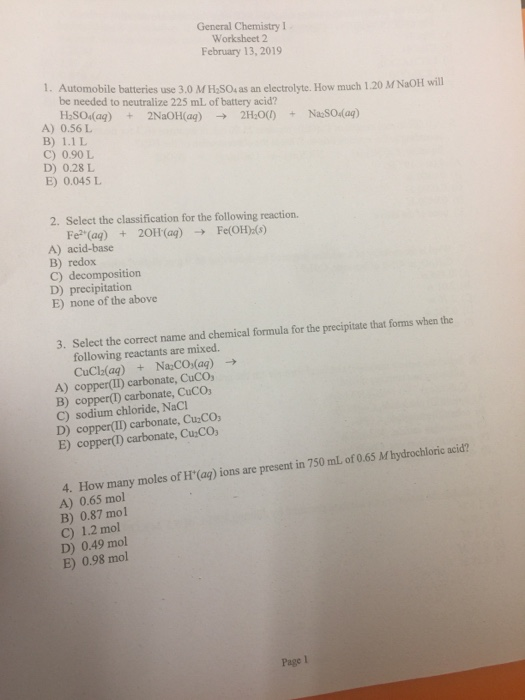Solved General Chemistry I Worksheet 2 February 13, 2019 1. | Chegg.com