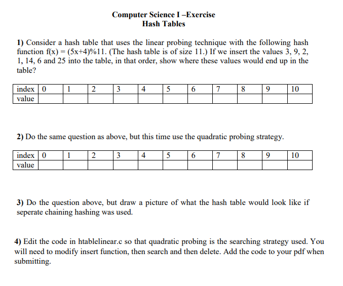 Solved Computer Science I-Exercise Hash Tables 1) Consider a | Chegg.com