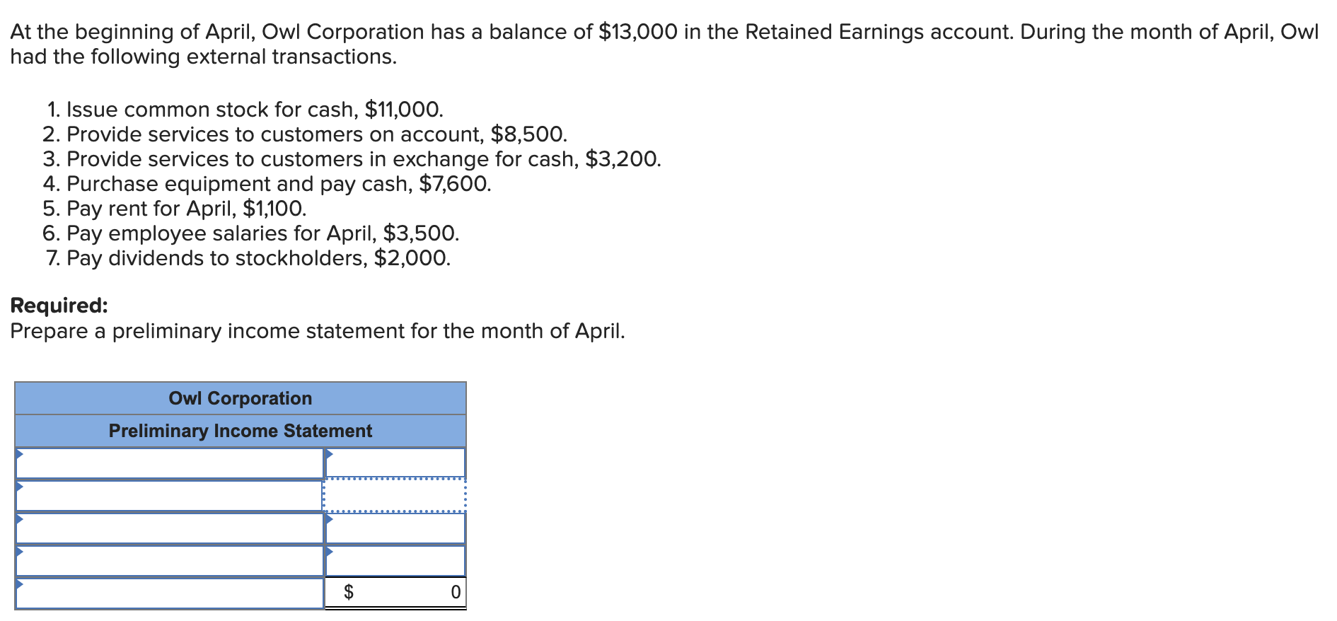 Solved At the beginning of April, Owl Corporation has a
