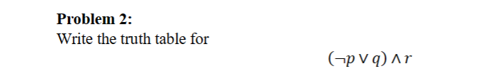 Solved Problem 2: Write the truth table for (¬p∨q)∧r | Chegg.com