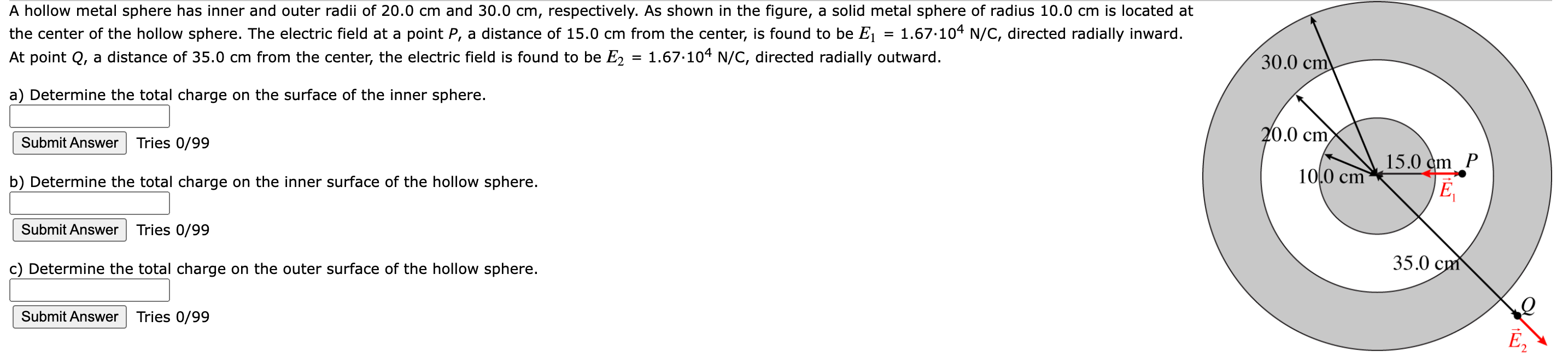 Solved A hollow metal sphere has inner and outer radii of
