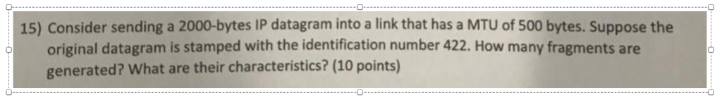 Solved о- 15) Consider sending a 2000-bytes IP datagram into | Chegg.com