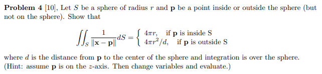 Solved Problem 4 (10), Let S be a sphere of radius r and p | Chegg.com