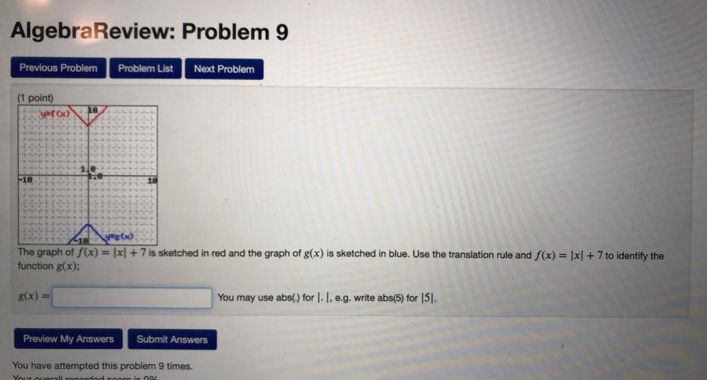 Solved Algebra Review: Problem 9 Previous Problem Problem | Chegg.com