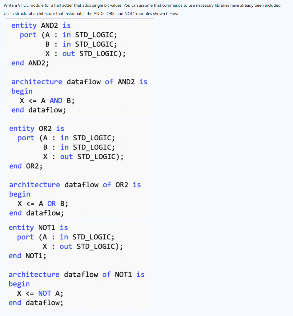 Solved Write a VHDL module for a half adder that adds single | Chegg.com