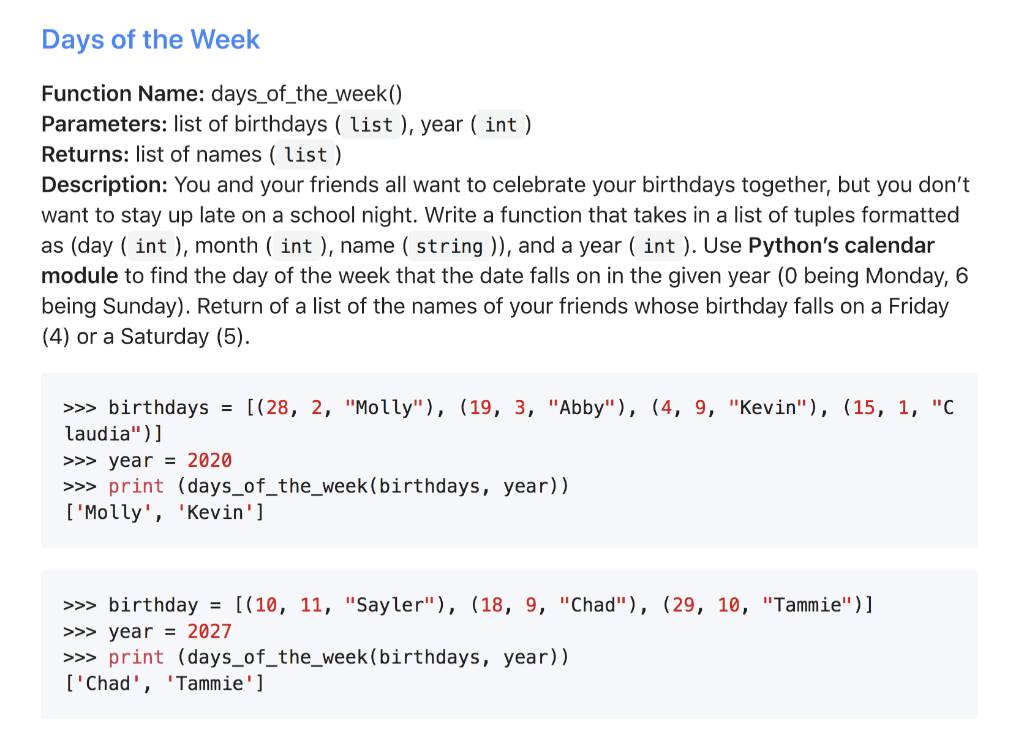 Solved Days of the Week Function Name: days_of_the_week() | Chegg.com
