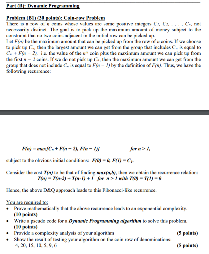 Solved Part (B: Dynamic Programming Problem (B1(30 Points): | Chegg.com