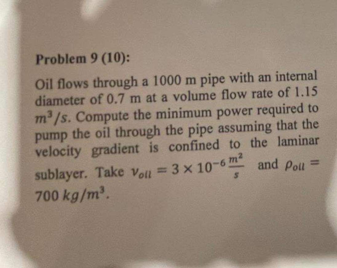 Solved Problem 9(10) : Oil flows through a 1000 m pipe with | Chegg.com
