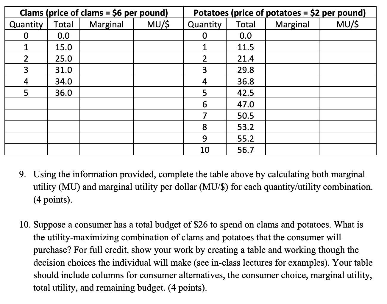 Solved Clams (price of clams = 6 per pound) Quantity