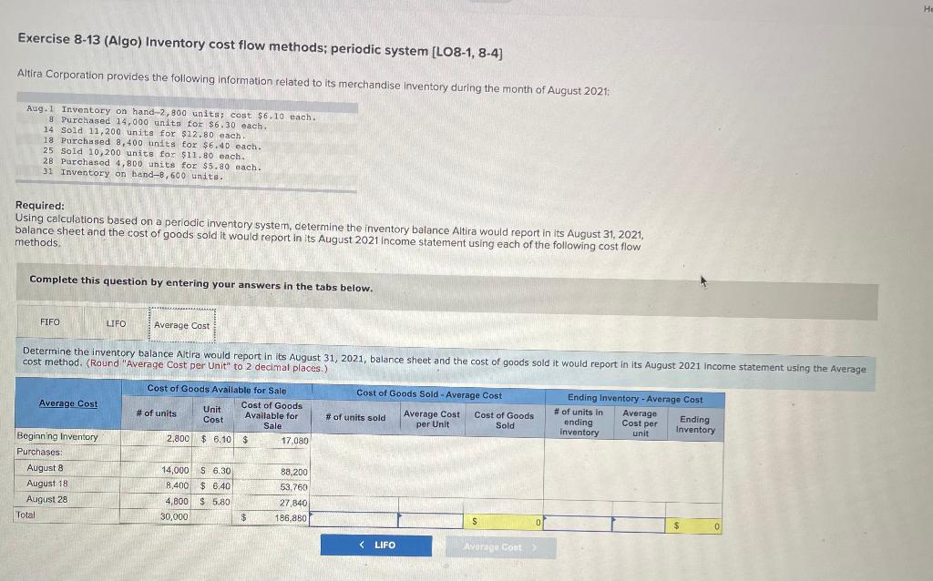 Solved Exercise 8-13 (Algo) Inventory cost flow methods; | Chegg.com
