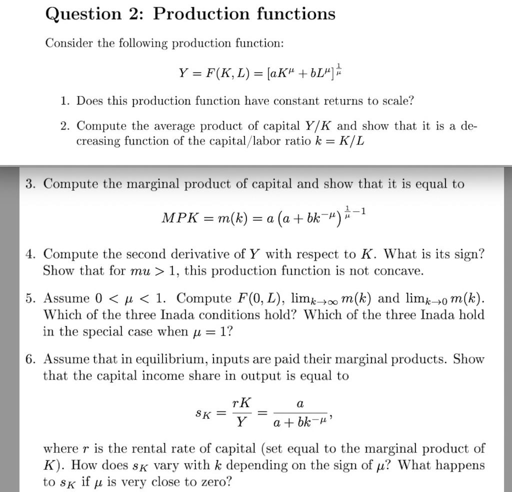 Solved Question 2: Production Functions Consider The | Chegg.com