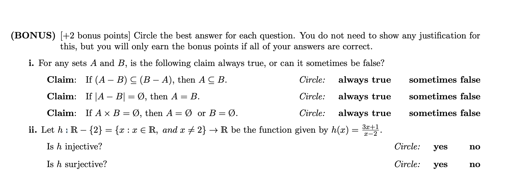 Solved (BONUS) [+2 bonus points] Circle the best answer for | Chegg.com