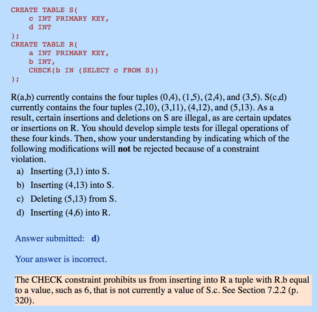 Solved CREATE TABLE S( C INT PRIMARY KEY d INT CREATE TABLE | Chegg.com