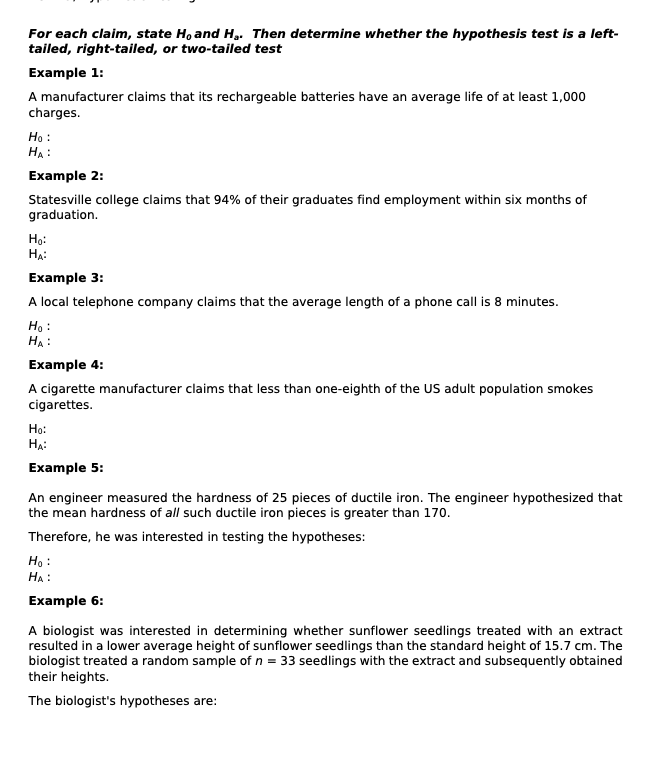 Solved For each claim, state H, and Hg. Then determine | Chegg.com
