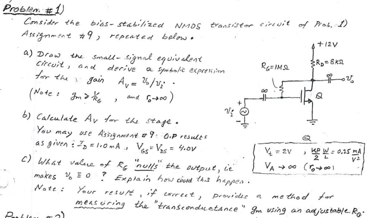 Solved 4+12V {RD=8K2 RE=1M22 Problem. #1) NMOS of Consider | Chegg.com