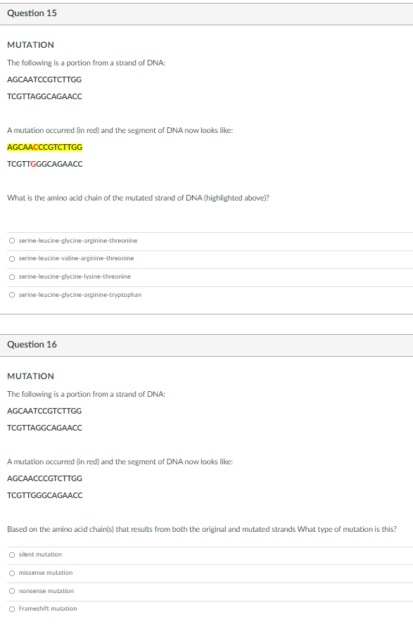 Solved Question 15 MUTATION The following is a portion from | Chegg.com