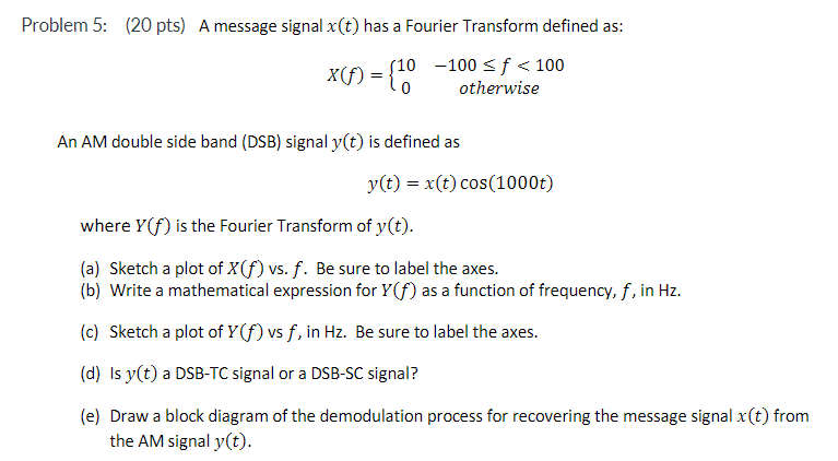 Solved Problem 5: (20 Pts) A Message Signal X(t) Has A | Chegg.com