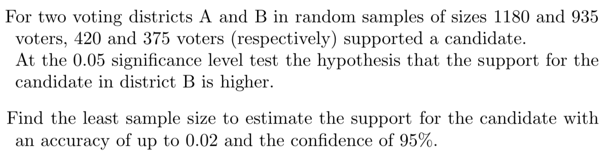 Solved For Two Voting Districts A And B In Random Samples Of | Chegg.com