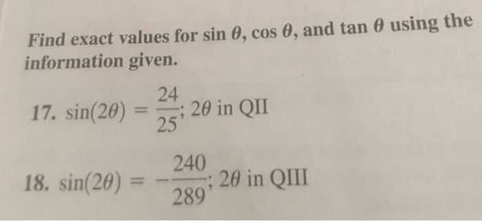 Solved Find exact values for sin theta, cos theta, and tan | Chegg.com