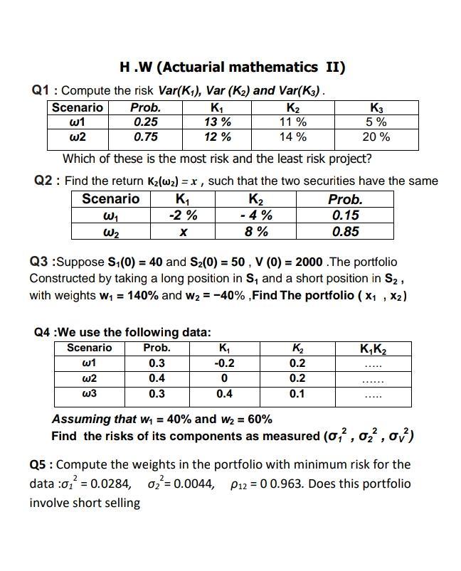 H.W (Actuarial mathematics II) Q1: Compute the risk | Chegg.com