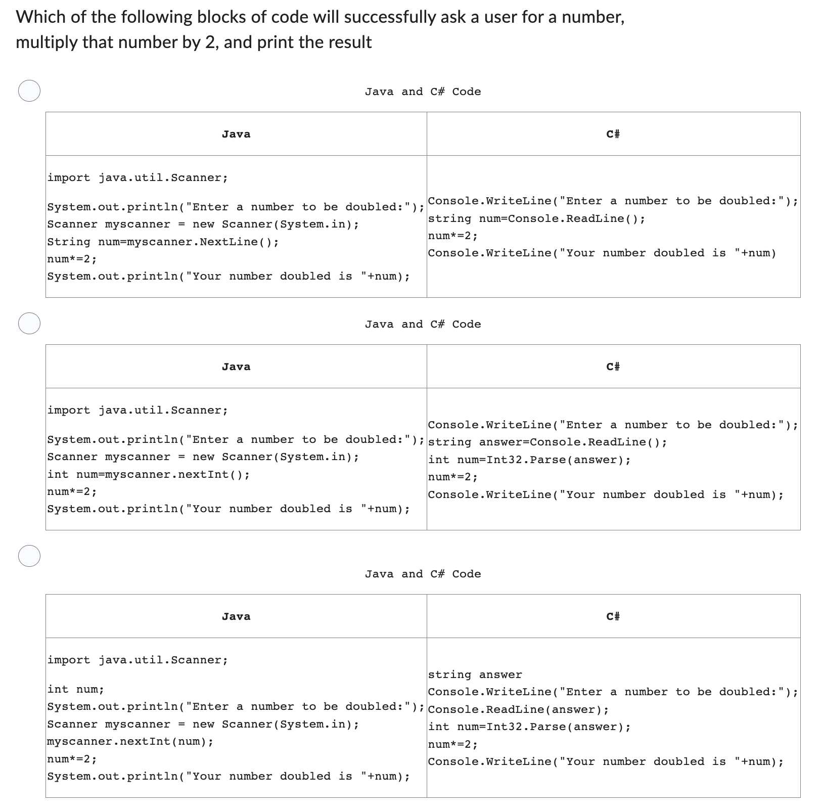 Solved Which of the following blocks of code will | Chegg.com