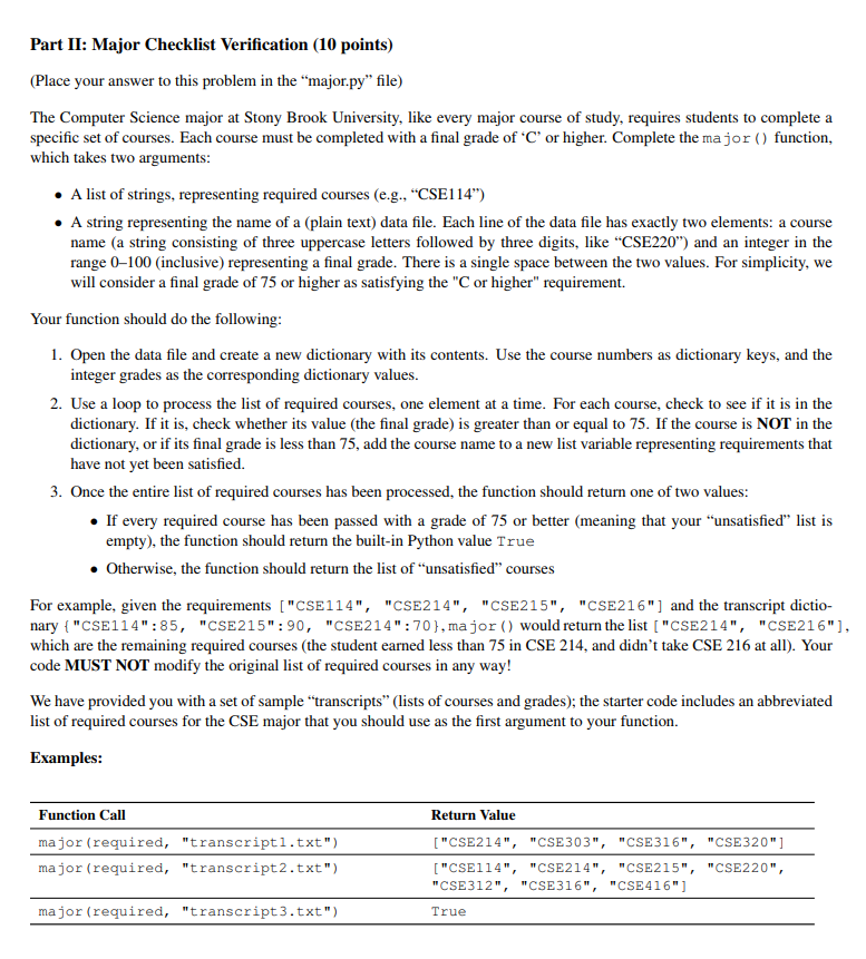 Solved (PYTHON) Part II: Major Checklist Verification (10 | Chegg.com