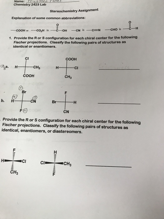 Solved Chemistry 2423 Lab Stereochemistry Assignment | Chegg.com