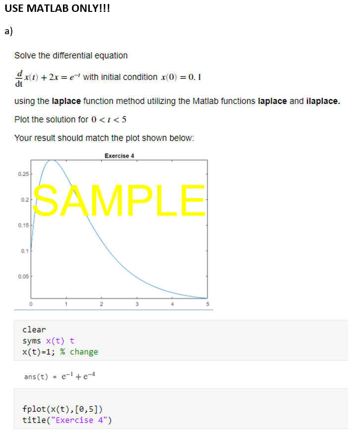 Solved USE MATLAB ONLY!!! a) Solve the differential equation | Chegg.com