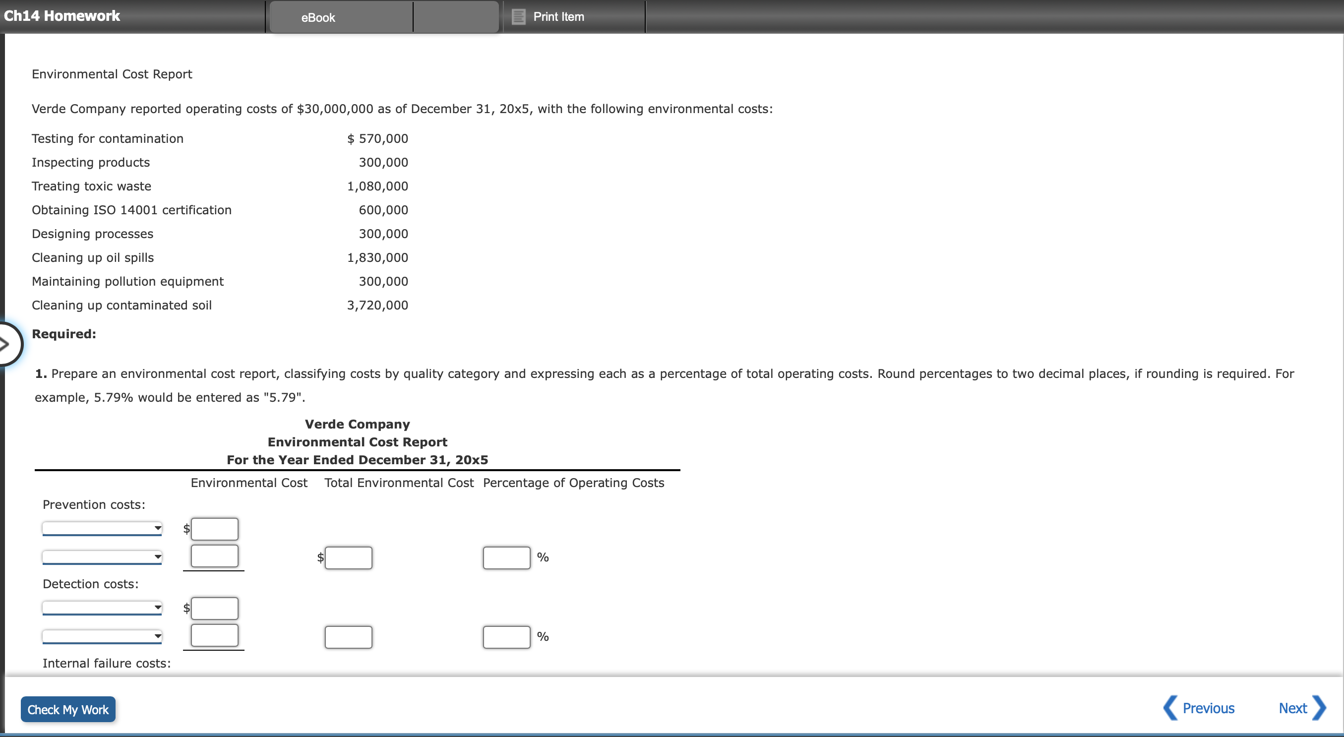 Solved Environmental Cost Report Verde Company reported | Chegg.com