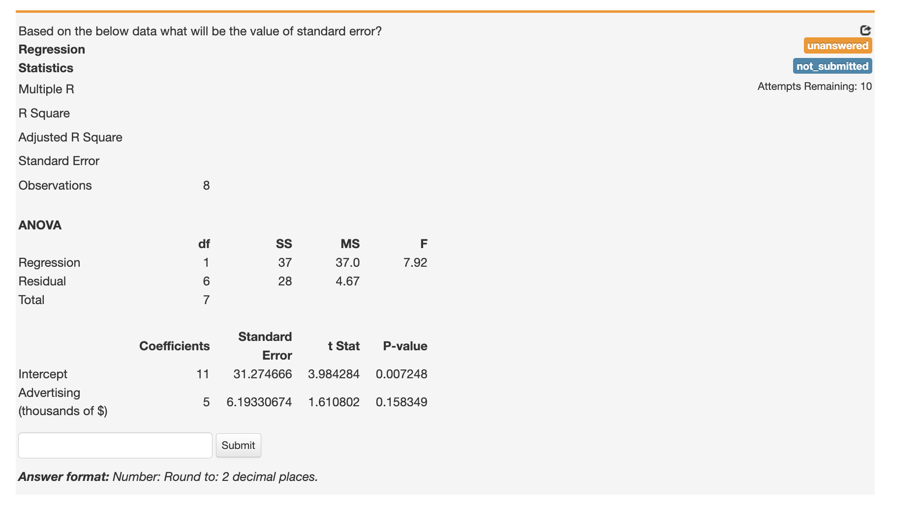 Solved Attempts Remaining: 10 Answer format: Number: Round | Chegg.com