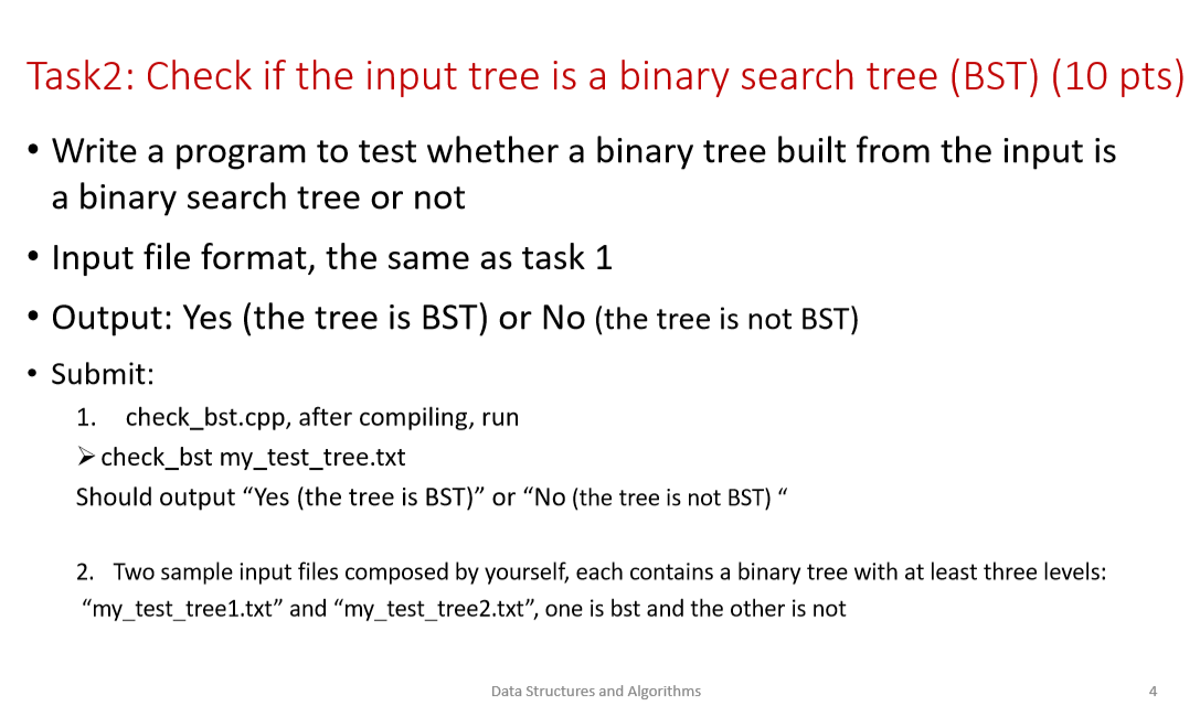 Task2: Check if the input tree is a binary search | Chegg.com