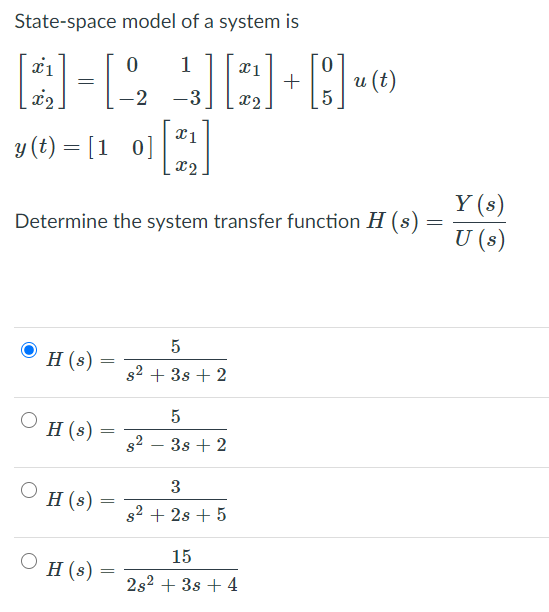 Solved State-space model of a system is 0 1 21 21 c2 = + []" | Chegg.com