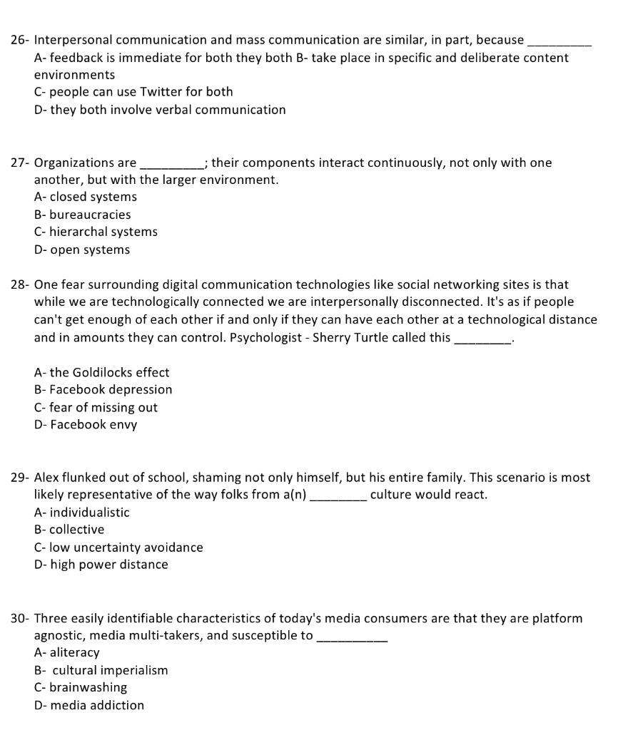 Solved 26- Interpersonal Communication And Mass | Chegg.com