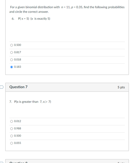 Solved For a given binomial distribution with n - 11,0 | Chegg.com