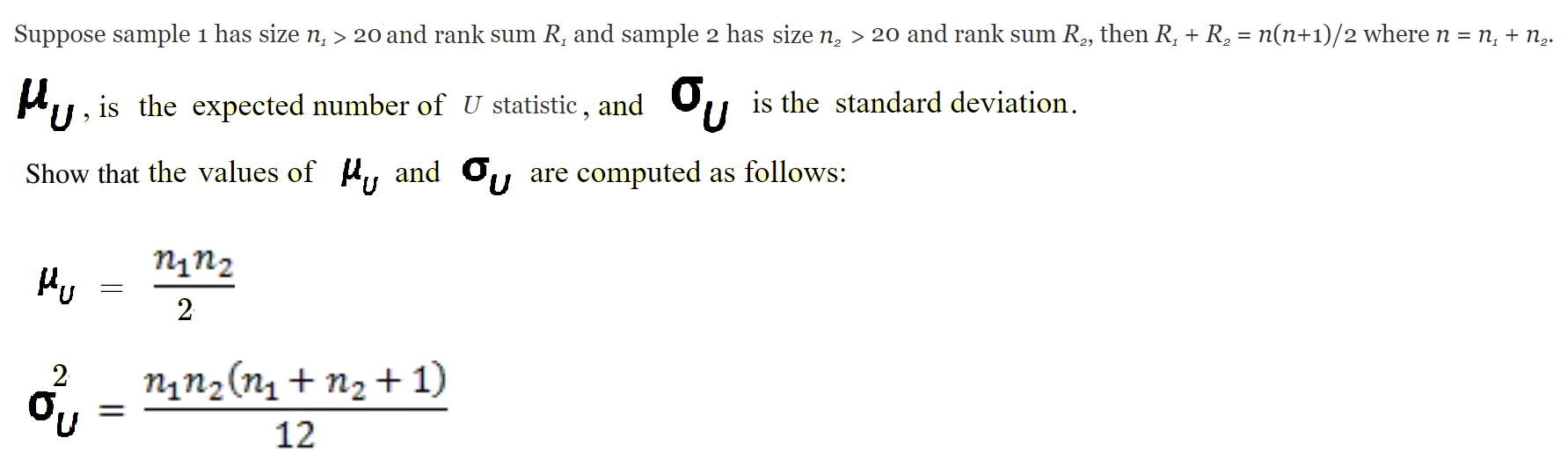Solved Suppose sample 1 has size n, > 20 and rank sum R, and | Chegg.com